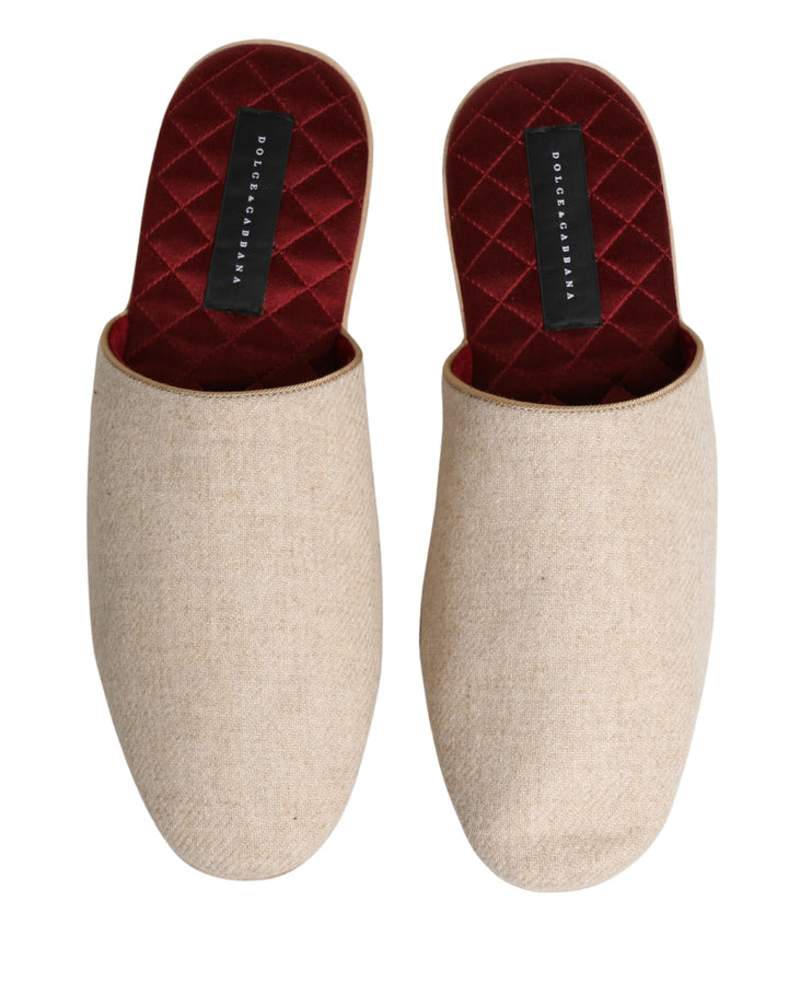 Dolce & Gabbana Beige Shetland Wool Red Quilted Slippers Shoes