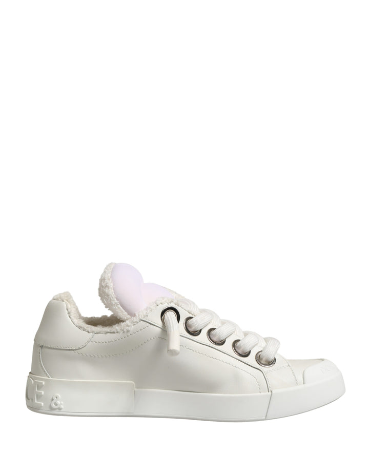Dolce & Gabbana White Leather Shearling Fur Low Top Sneakers Shoes