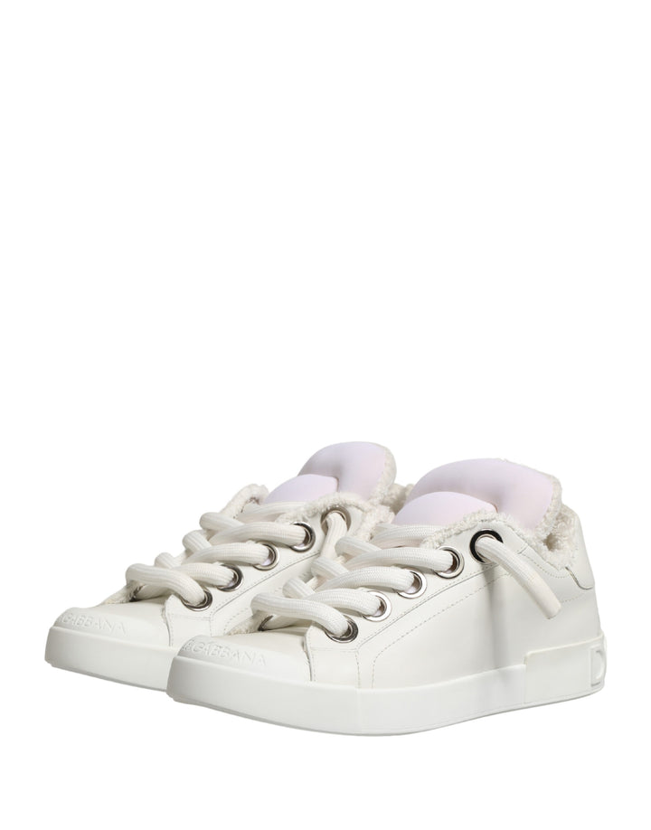 Dolce & Gabbana White Leather Shearling Fur Low Top Sneakers Shoes