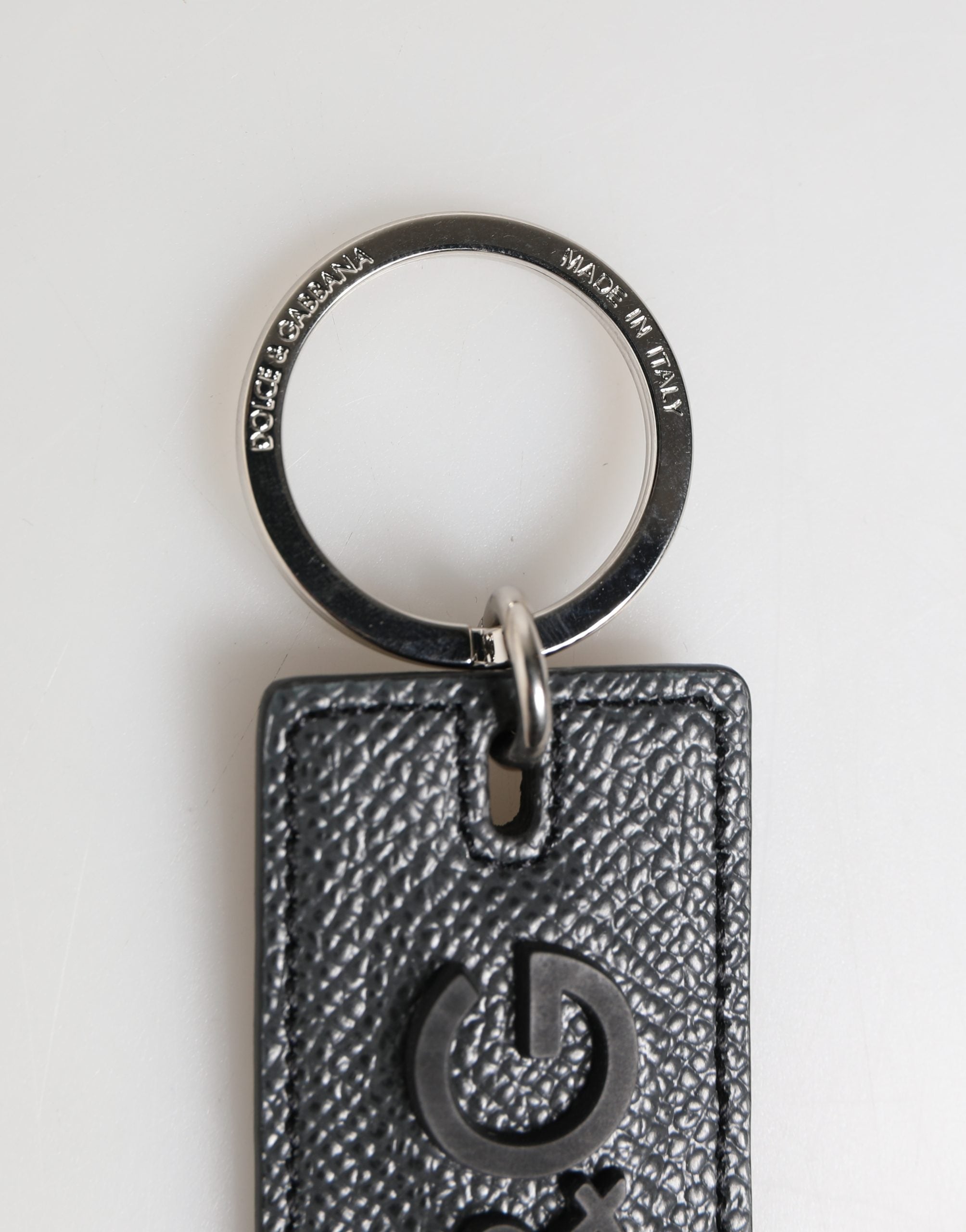 Dolce & Gabbana Black Calf Leather D&G Logo Metal Ring Keyring