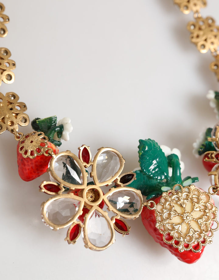 Dolce & Gabbana Gold Brass FRUIT Pendants Flowers Crystal Logo Necklace