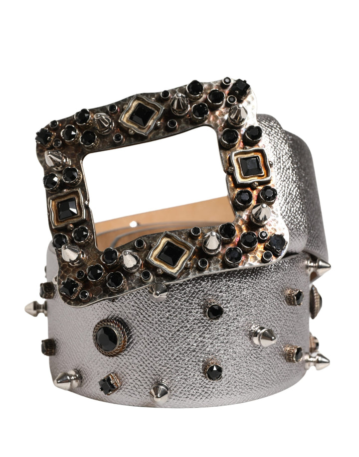 Dolce & Gabbana Silver Leather Crystal Metal Buckle Belt