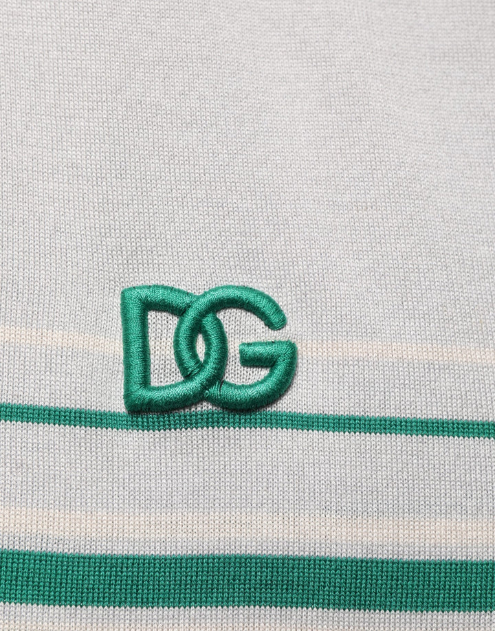 Dolce & Gabbana Gray Green Striped Logo Silk Polo T-shirt