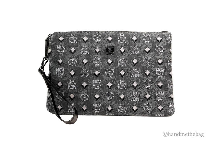 MCM Veritas Medium Dark Grey Denim Monogram Logo Canvas Clutch Pouch Handbag