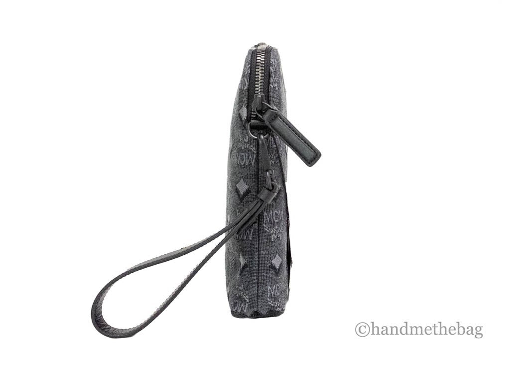 MCM Veritas Medium Dark Grey Denim Monogram Logo Canvas Clutch Pouch Handbag