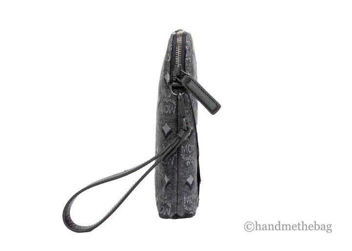 MCM Veritas Medium Dark Grey Denim Monogram Logo Canvas Clutch Pouch Handbag