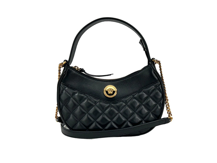Versace Quilted Black Leather Half Moon Chain Crossbody Bag