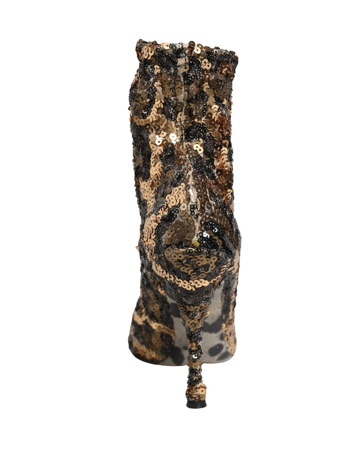 Dolce & Gabbana Gold Leopard Sequin Sock Ankle Boots Shoes