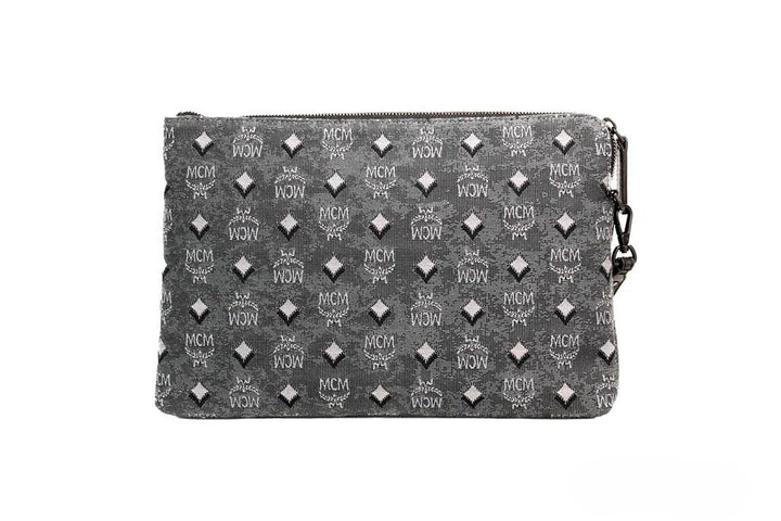 MCM Veritas Medium Dark Grey Denim Monogram Logo Canvas Clutch Pouch Handbag