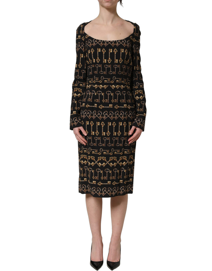 Dolce & Gabbana Black Key Print Long Sleeves Sheath Midi Dress