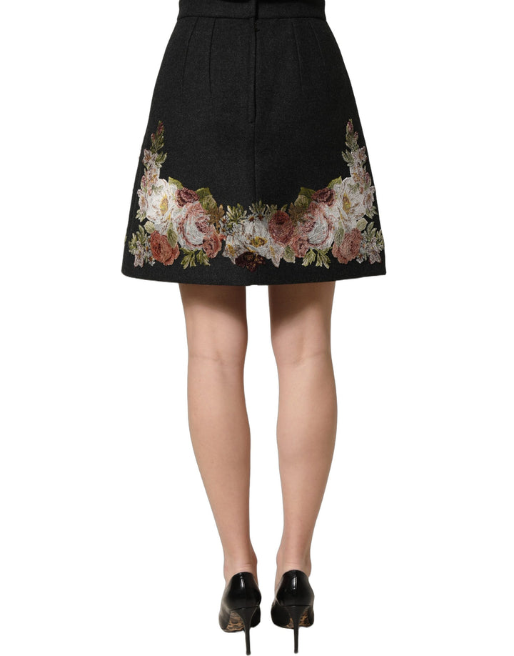 Dolce & Gabbana Black Floral Macramé High Waist A-line Skirt