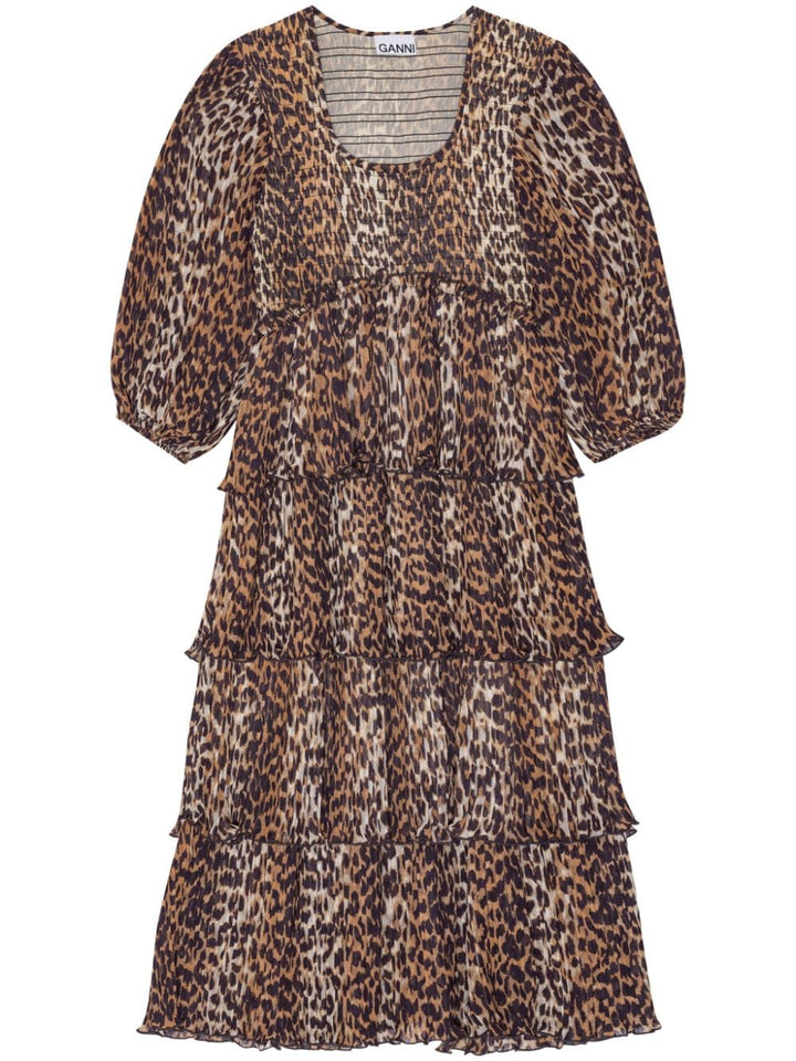 Ganni Leopard Pleated Georgette Flounce Smock Midi Dress