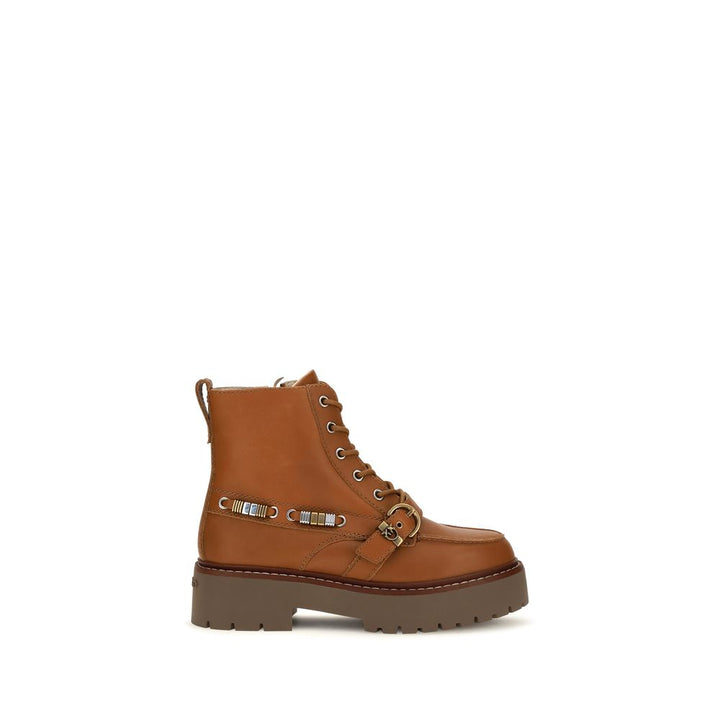 PINKO Brown Calf Leather Bos Taurus Lace-Up Boots