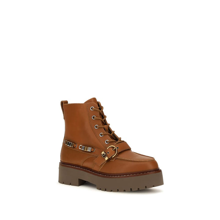PINKO Brown Calf Leather Bos Taurus Lace-Up Boots