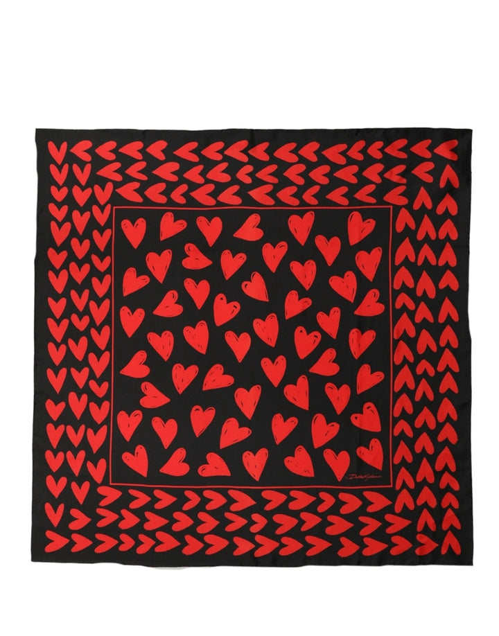 Dolce & Gabbana Black Red Silk Hearts Square Foulard Scarf