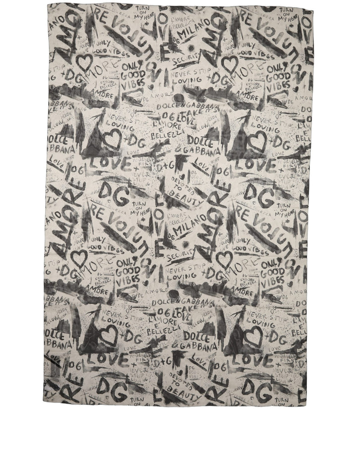 Dolce & Gabbana White Graffiti Logo Silk Shawl Stole Scarf