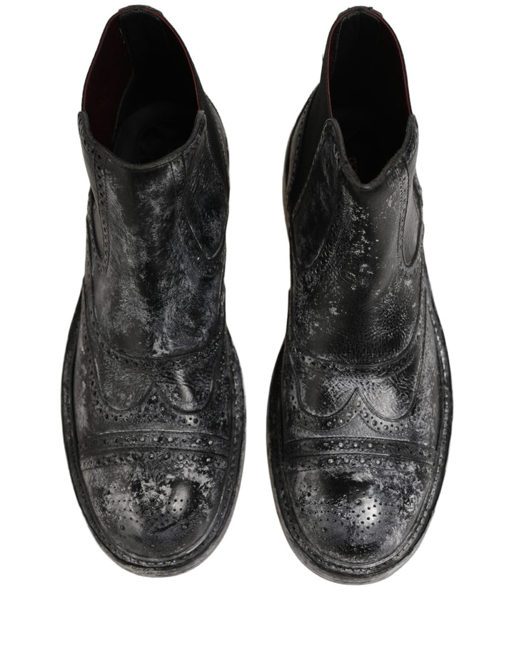 Dolce & Gabbana Black Gray Leather Ankle Chelsea Boots Shoes