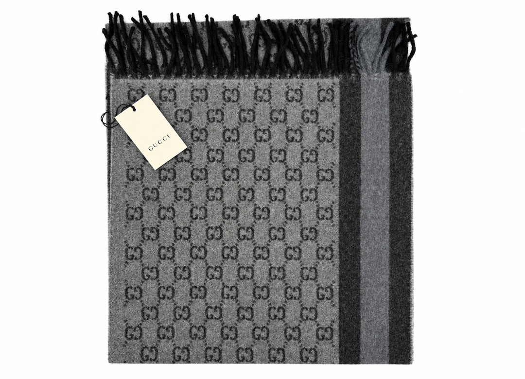 Gucci Monogram Grey Wool Scarf with Fringe