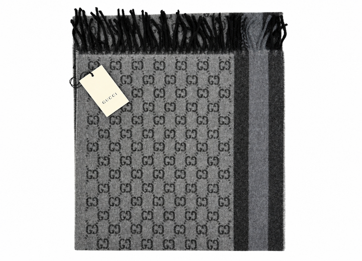 Gucci Monogram Grey Wool Scarf with Fringe