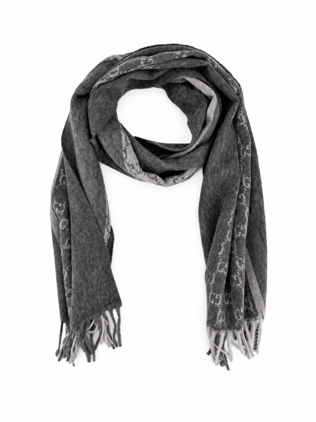 Gucci Monogram Charcoal Grey Cashmere & Wool Scarf with Fringe
