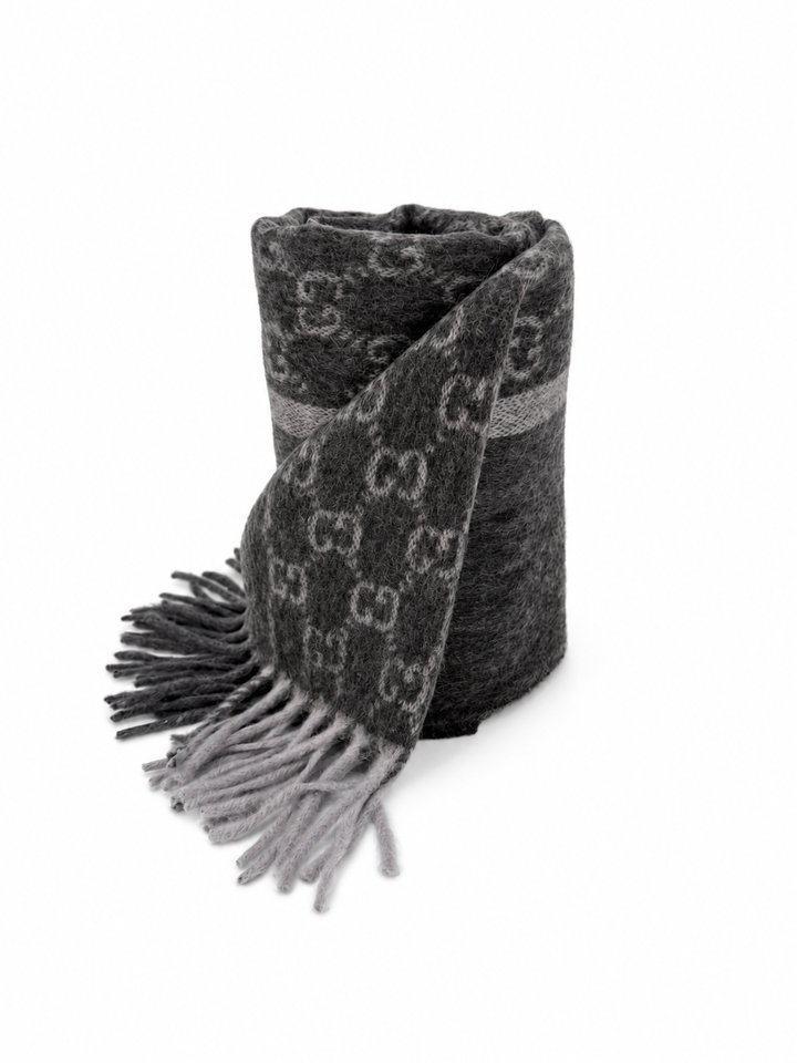 Gucci Monogram Charcoal Grey Cashmere & Wool Scarf with Fringe