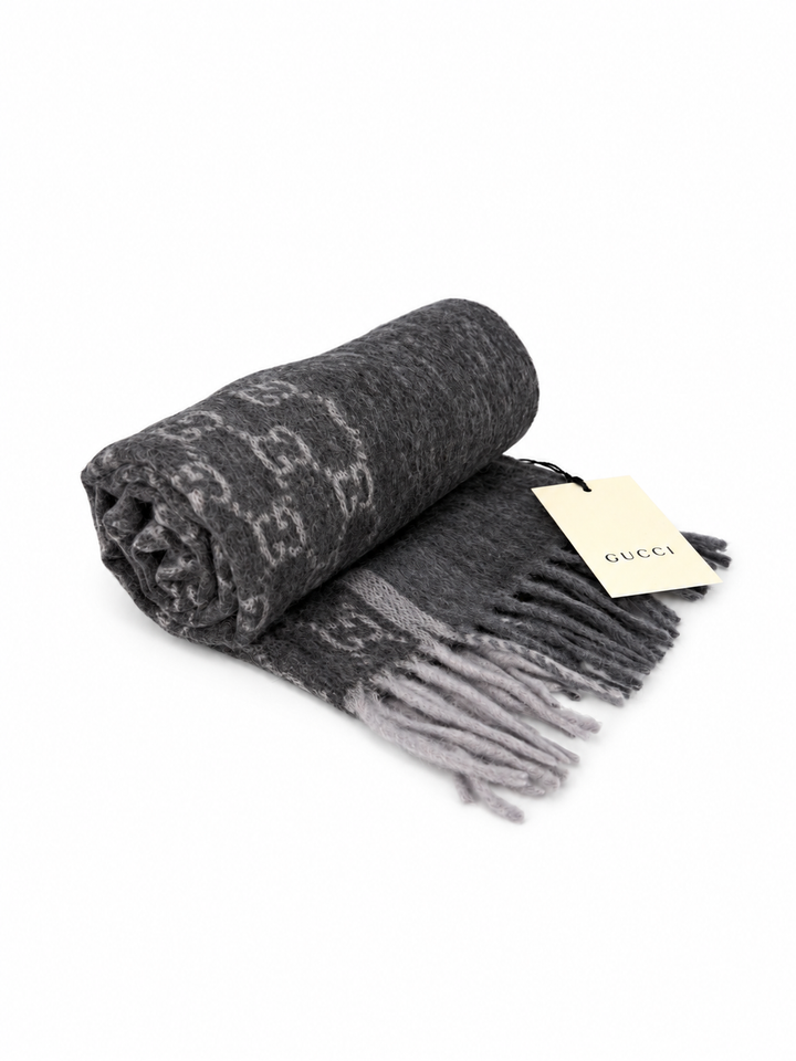 Gucci Monogram Charcoal Grey Cashmere & Wool Scarf with Fringe