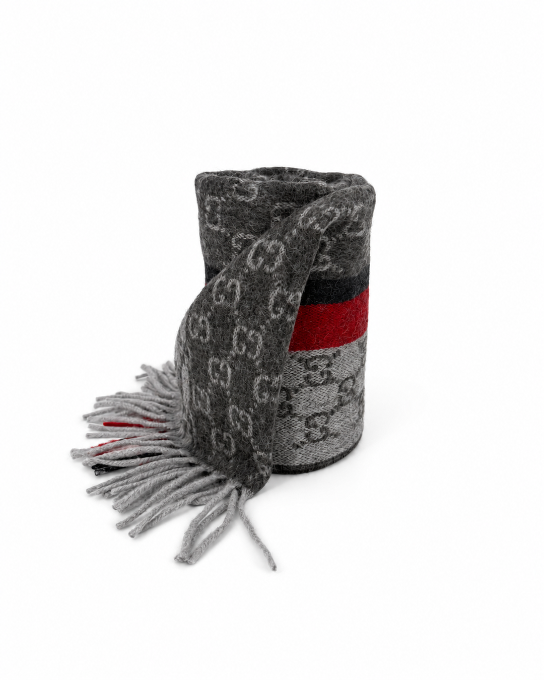 Gucci Monogram Grey Cashmere & Wool Scarf with Red & Black Stripe