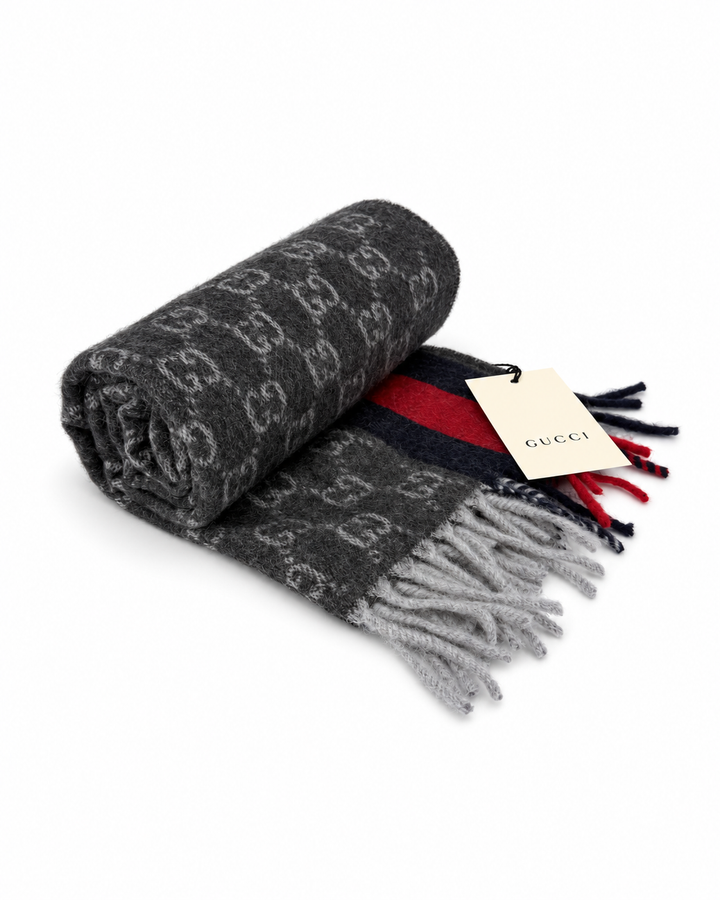 Gucci Monogram Charcoal Grey Cashmere & Wool Scarf with Red & Navy Stripe