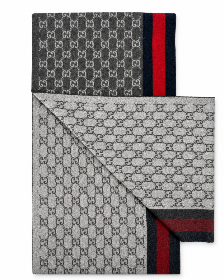 Gucci Monogram Charcoal Grey Cashmere & Wool Scarf with Red & Navy Stripe