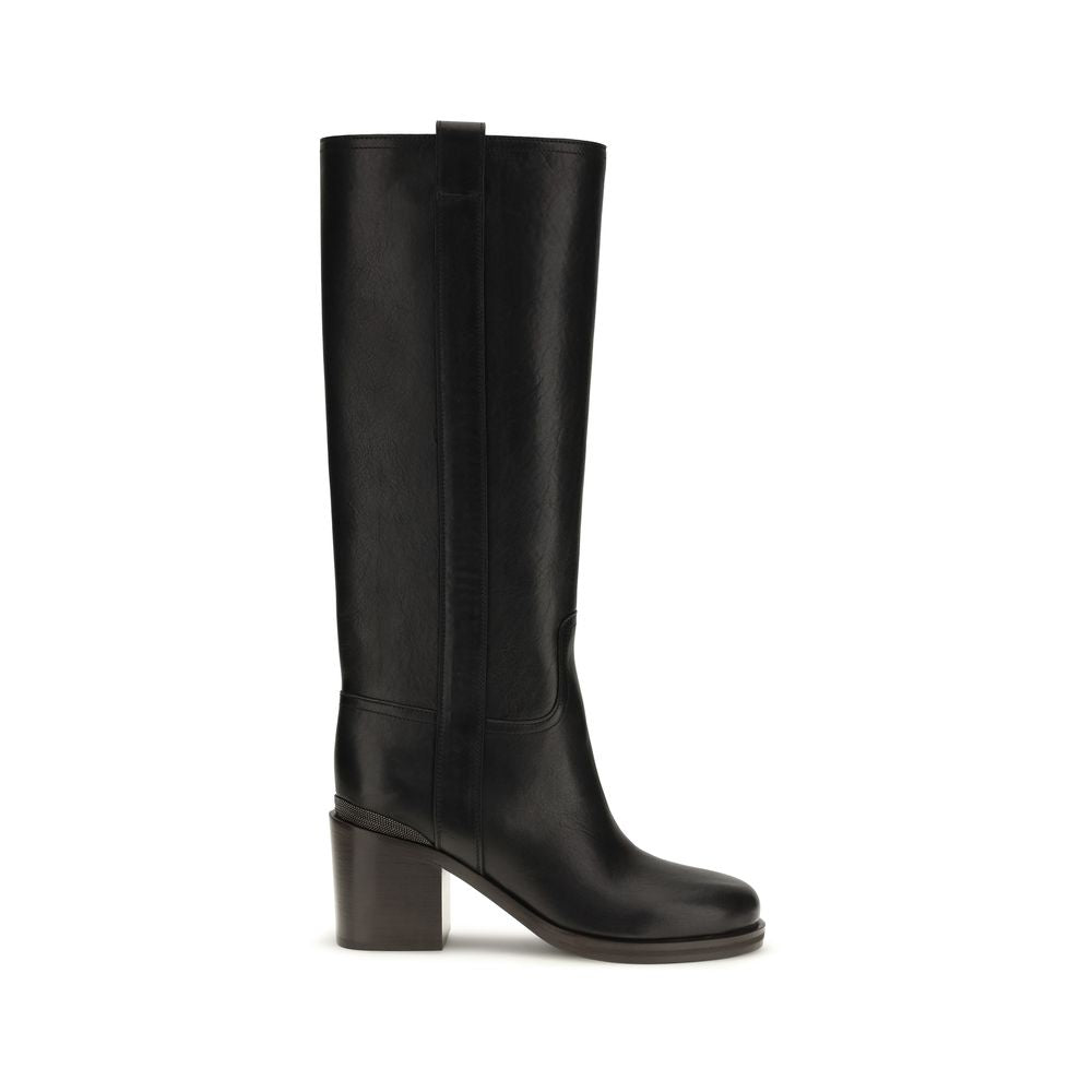 Brunello Cucinelli Black Calf Leather Bos Taurus High Heel Boots