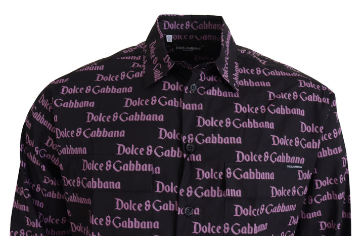 Dolce & Gabbana Black Purple Logo Slim Dress Formal Shirt