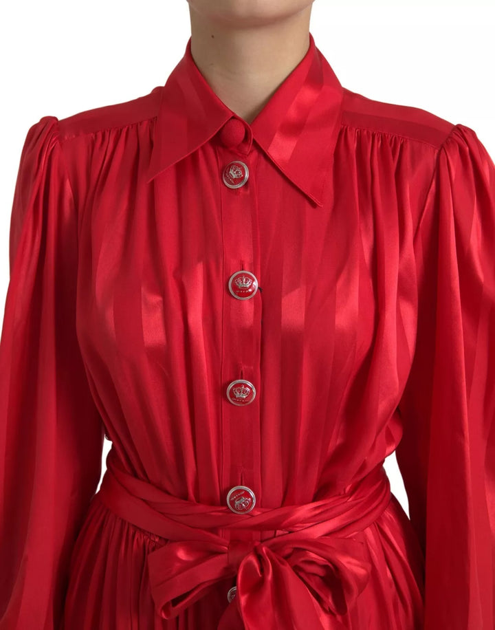 Dolce & Gabbana Red Button Down Belted Midi Satin Silk Dress