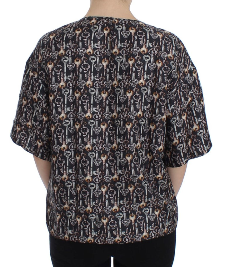 Dolce & Gabbana Gray Gold Key Print Silk Blouse T-shirt