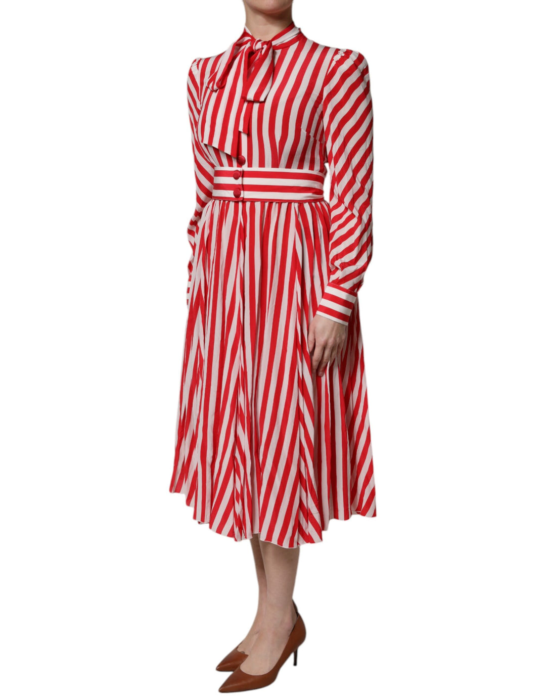 Dolce & Gabbana White Red Stripes Long Sleeves Midi Dress