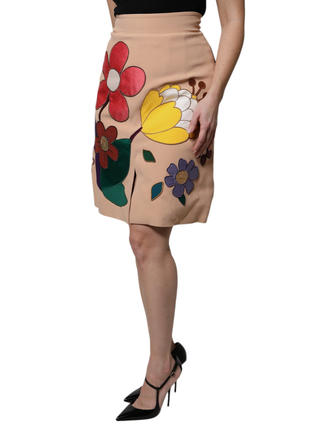 Dolce & Gabbana Beige Floral High Waist Pencil Cut Skirt