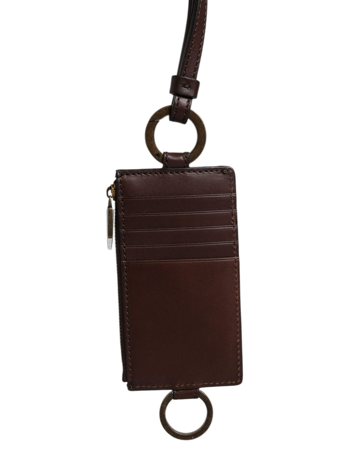 Dolce & Gabbana Brown Calf Leather Lanyard Logo Card Holder Wallet