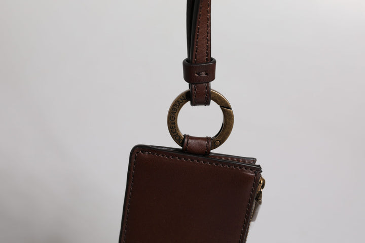 Dolce & Gabbana Brown Calf Leather Lanyard Logo Card Holder Wallet