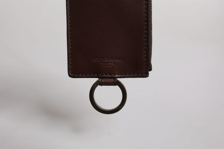Dolce & Gabbana Brown Calf Leather Lanyard Logo Card Holder Wallet