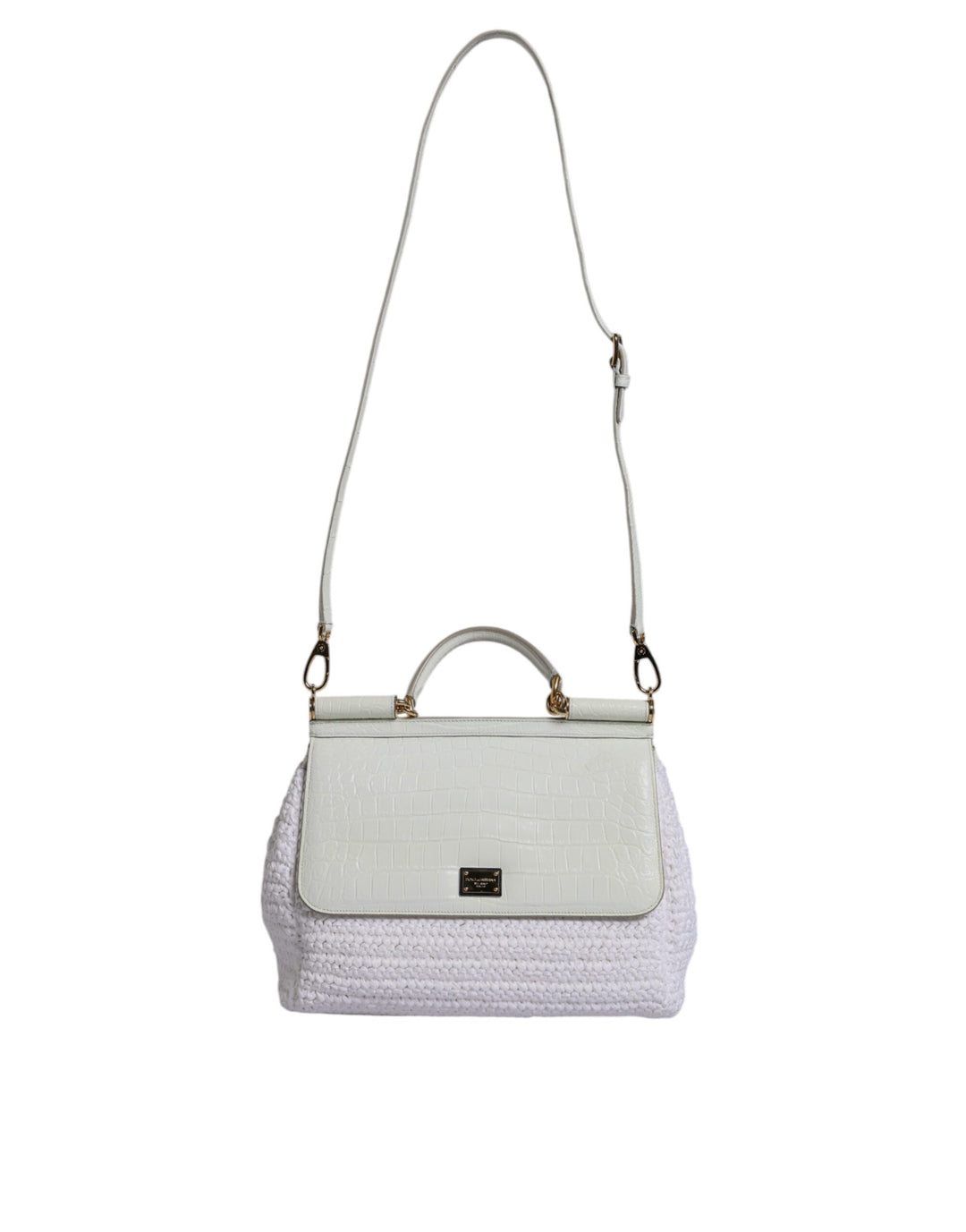 Dolce & Gabbana White Rafia Leather Top Handle Crossbody Bag