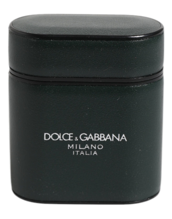 Dolce & Gabbana Green Calfskin Leather Logo Print Flip Holder Airpods Case