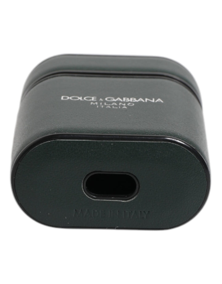 Dolce & Gabbana Green Calfskin Leather Logo Print Flip Holder Airpods Case