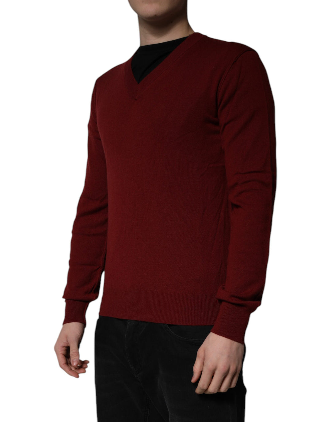 Dolce & Gabbana Maroon Cashmere V-neck Men Pullover Sweater