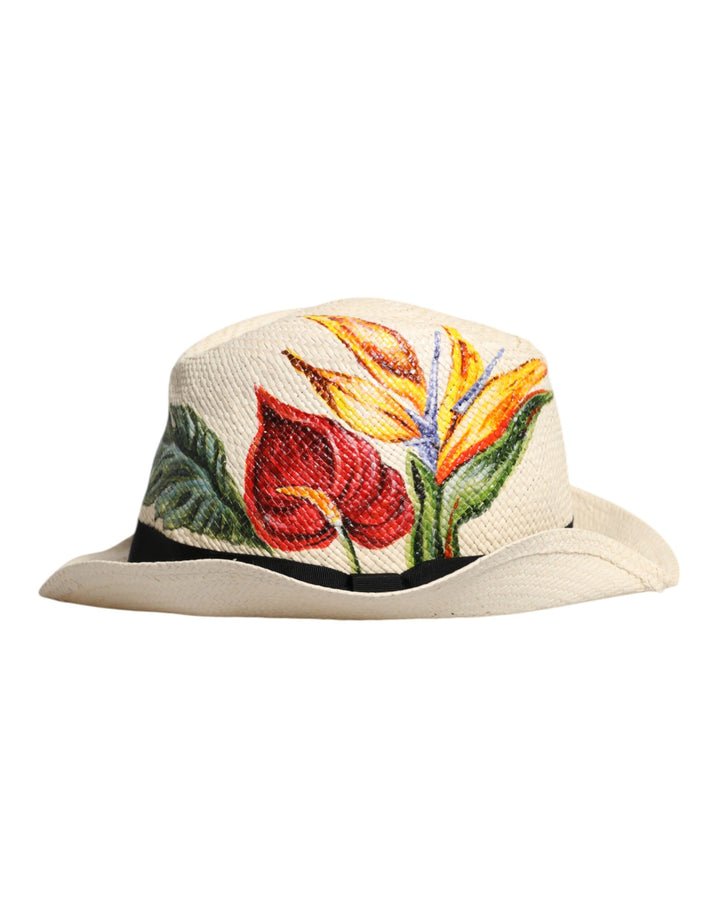 Dolce & Gabbana Beige Floral Print Straw Wide Brim Fedora Hat