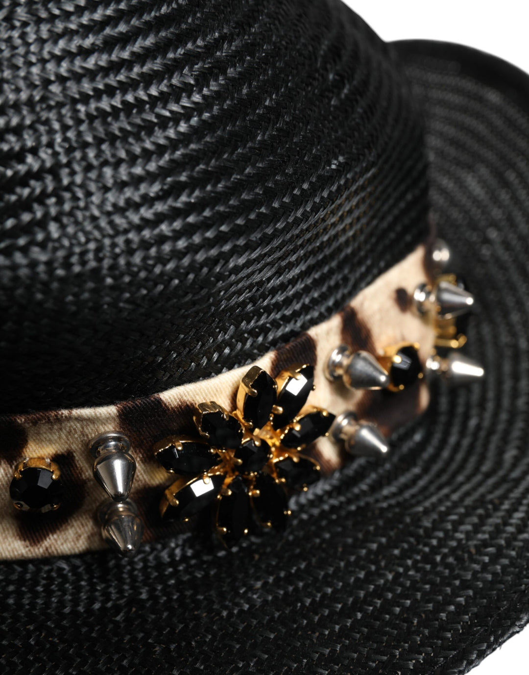 Dolce & Gabbana Black Straw Crystal Embellished Wide Brim Hat