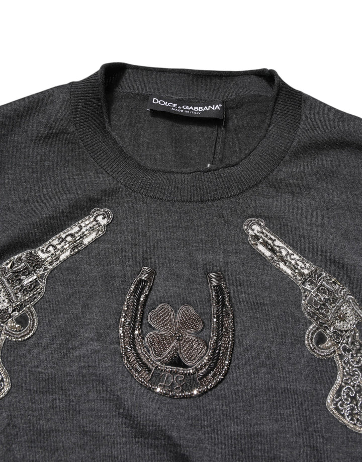 Dolce & Gabbana Gray Embroidery Knit Men Pullover Sweater