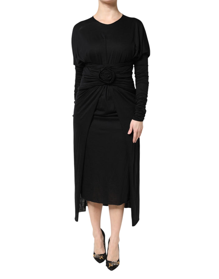 Dolce & Gabbana Black Wool Long Sleeves Sheath Midi Dress