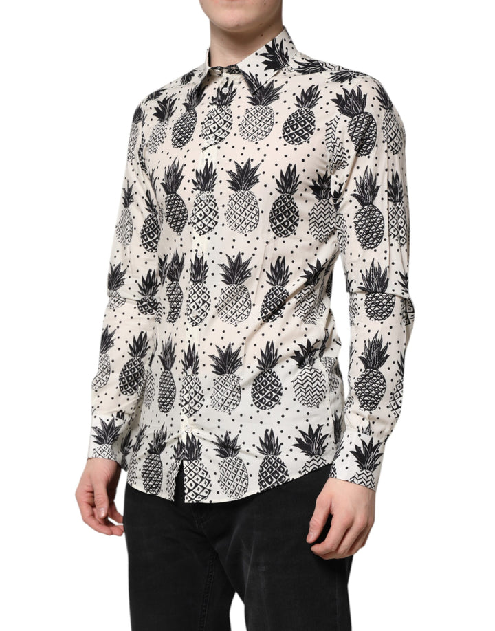 Dolce & Gabbana White Pineapple Print Long Sleeve GOLD Shirt
