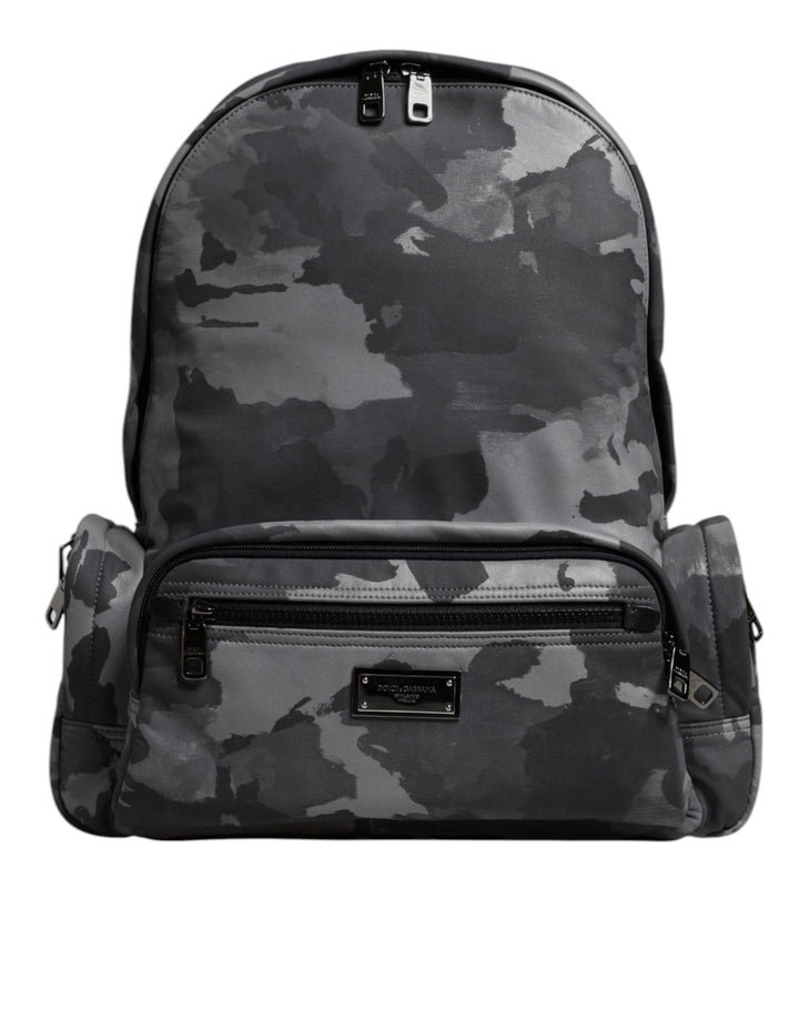 Dolce & Gabbana Gray Cotton Camouflage Logo Plaque Backpack Bag