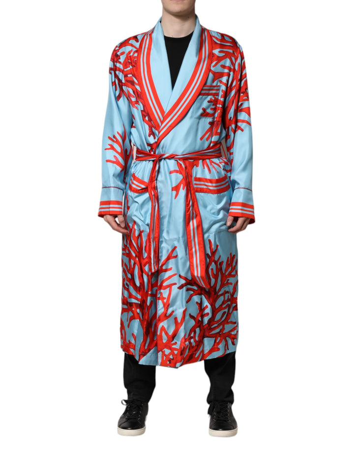 Dolce & Gabbana Blue Red Coral Print Wrap Robe Coat Jacket