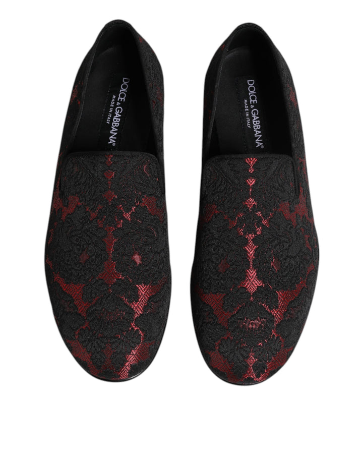 Dolce & Gabbana Red Black Jacquard Slip On Loafers Shoes